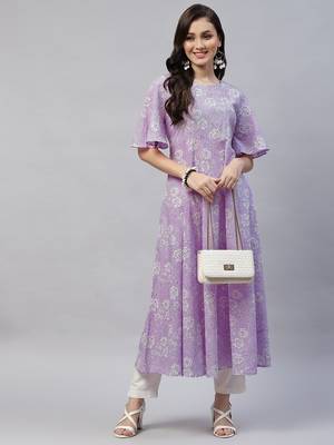 Womens Lavender floral Printed Anarkali Kurta 5