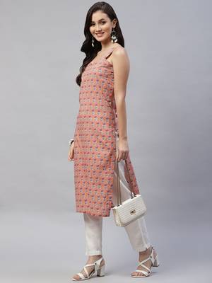 Womens Peach Printed Strappy Straight Kurta 3