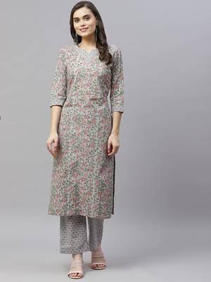 Women's Cotton Floral Print Straight Kurti Palazzo Set 1