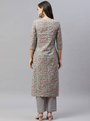 Women's Cotton Floral Print Straight Kurti Palazzo Set 5