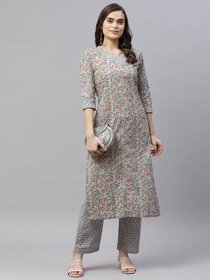 Women's Cotton Floral Print Straight Kurti Palazzo Set 6