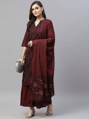 Women's Cotton Floral Print Straight Kurta Sharara Dupatta Set 6