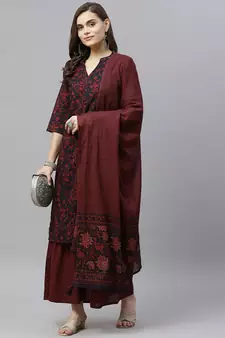 Women's Cotton Floral Print Straight Kurta Sharara Dupatta Set