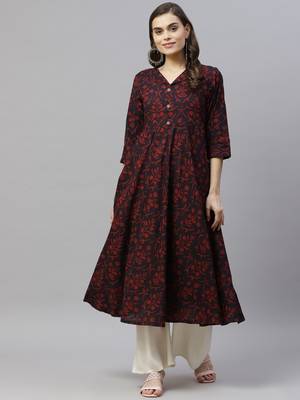 Women's Pure Cotton Floral Print Anarkali Kurta Dress for Girl's 1