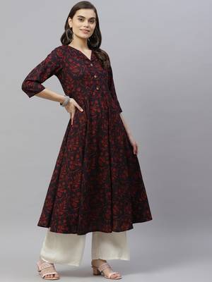 Women's Pure Cotton Floral Print Anarkali Kurta Dress for Girl's 2