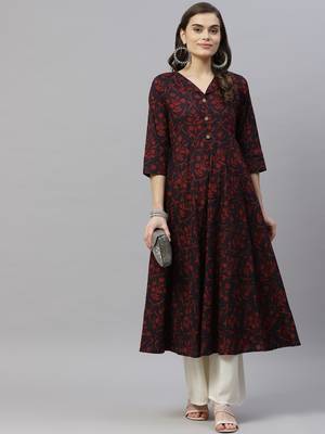 Women's Pure Cotton Floral Print Anarkali Kurta Dress for Girl's 4