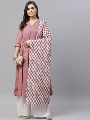 Womens Cotton Floral Print Anarkali Kurta with Dupatta 4