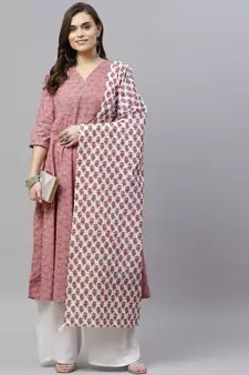 Womens Cotton Floral Print Anarkali Kurta with Dupatta