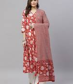 Womens Cotton Floral Print Anarkali Kurta with Dupatta