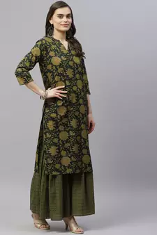 Womens Cotton Floral Print Straight Kurta Sharara Dupatta Set