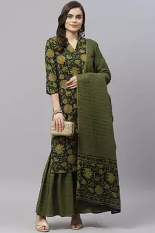 Womens Cotton Floral Print Straight Kurta Sharara Dupatta Set