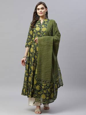 Pure Cotton Floral Printed Anarkali Kurta with Gold Print Dupatta for Womens/Girls 1