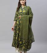Pure Cotton Floral Printed Anarkali Kurta with Gold Print Dupatta for Womens/Girls