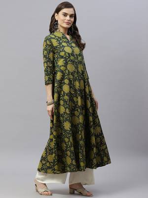 Pure Cotton Floral Printed Anarkali Kurta with Gold Print Dupatta for Womens/Girls 3