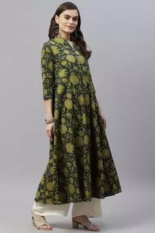 Pure Cotton Floral Printed Anarkali Kurta with Gold Print Dupatta for Womens/Girls