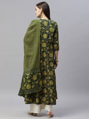 Pure Cotton Floral Printed Anarkali Kurta with Gold Print Dupatta for Womens/Girls 4