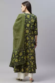 Pure Cotton Floral Printed Anarkali Kurta with Gold Print Dupatta for Womens/Girls