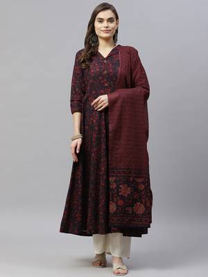 Pure Cotton Floral Printed Anarkali Kurta with Gold Print Dupatta for Womens/Girls 1