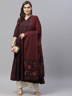 Pure Cotton Floral Printed Anarkali Kurta with Gold Print Dupatta for Womens/Girls 2