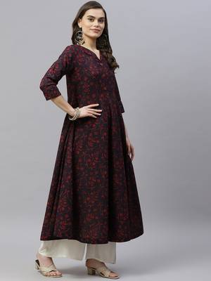 Pure Cotton Floral Printed Anarkali Kurta with Gold Print Dupatta for Womens/Girls 3