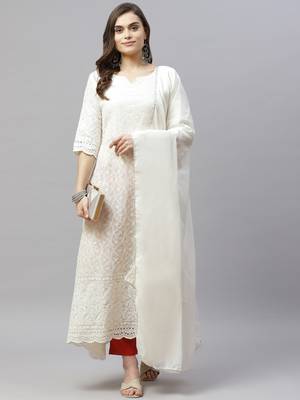 Beige Lucknowi Chikankari With Embroidery Cotton Kurta Partywear Gown With Dupatta 1