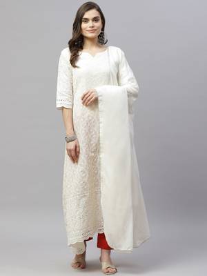 Beige Lucknowi Chikankari With Embroidery Cotton Kurta Partywear Gown With Dupatta 2