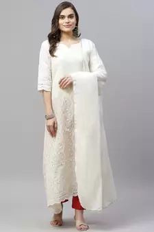 Beige Lucknowi Chikankari With Embroidery Cotton Kurta Partywear Gown With Dupatta