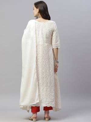 Beige Lucknowi Chikankari With Embroidery Cotton Kurta Partywear Gown With Dupatta 4