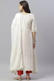 Beige Lucknowi Chikankari With Embroidery Cotton Kurta Partywear Gown With Dupatta