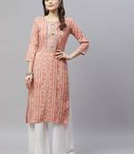 Women's Printed & Embroidered Straight Rayon Peach Kurta