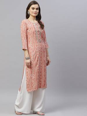 Women's Printed & Embroidered Straight Rayon Peach Kurta 2