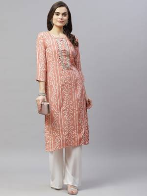 Women's Printed & Embroidered Straight Rayon Peach Kurta 5