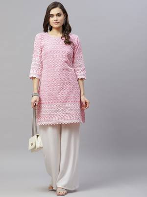 Pink Ethnic Motifs Embroidered Chikankari Kurti 1