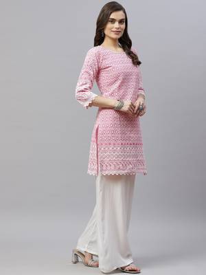 Pink Ethnic Motifs Embroidered Chikankari Kurti 2