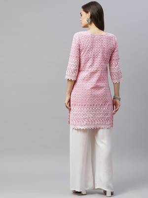 Pink Ethnic Motifs Embroidered Chikankari Kurti 3