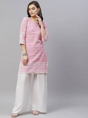 Pink Ethnic Motifs Embroidered Chikankari Kurti 4