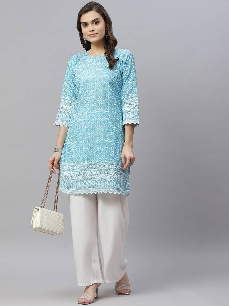 Blue Ethnic Motifs Embroidered Chikankari Kurti