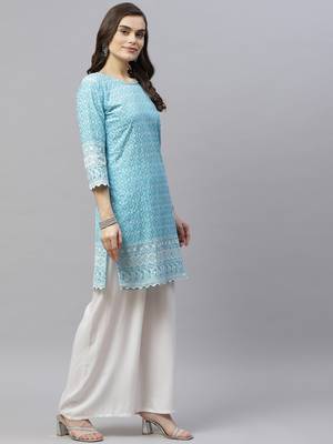 Blue Ethnic Motifs Embroidered Chikankari Kurti 2