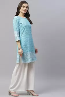 Blue Ethnic Motifs Embroidered Chikankari Kurti