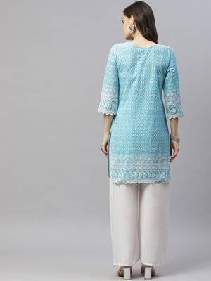 Blue Ethnic Motifs Embroidered Chikankari Kurti 3