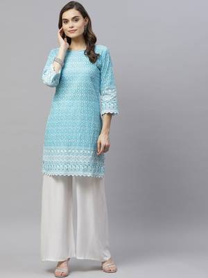 Blue Ethnic Motifs Embroidered Chikankari Kurti 5