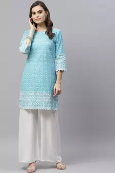 Blue Ethnic Motifs Embroidered Chikankari Kurti