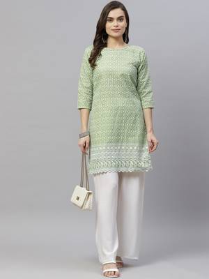 Green Ethnic Motifs Embroidered Chikankari Kurti 1