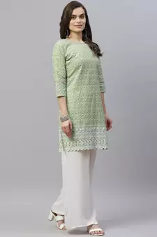 Green Ethnic Motifs Embroidered Chikankari Kurti