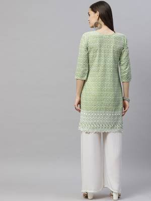 Green Ethnic Motifs Embroidered Chikankari Kurti 3