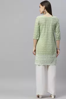 Green Ethnic Motifs Embroidered Chikankari Kurti