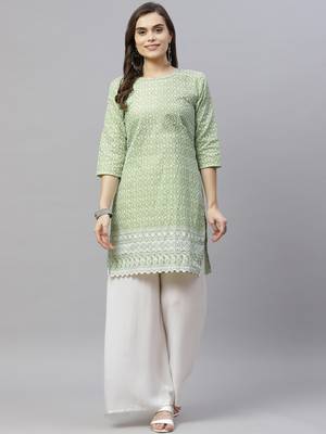 Green Ethnic Motifs Embroidered Chikankari Kurti 4