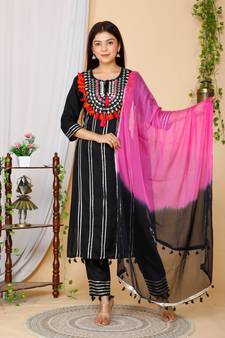 Women Black Embroidered Gotta Patti Pure Cotton Kurta with Trousers & With Dupatta