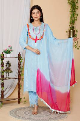 Women Blue Embroidered Pure Cotton Kurta with Trousers & With Dupatta 1