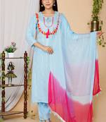 Women Blue Embroidered Pure Cotton Kurta with Trousers & With Dupatta
